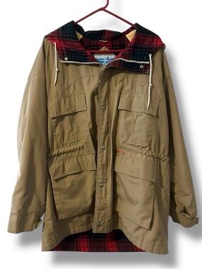 Vintage Pacific Trail Khaki Field Jacket Plaid Lined Hood Men’s Size XL Utility